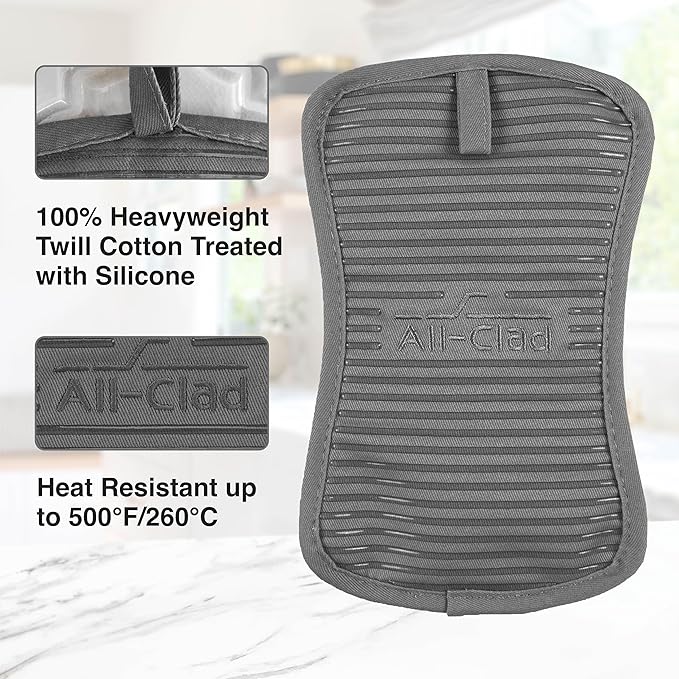 All-Clad Premium Pot Holder & Heating Pad, (2-Pack) Heat Resistant to 500 Degrees, 100% Cotton 10"x6.25" for Kitchen and Barbeque, Pewter - Image 4