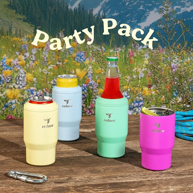 Reduce 4-in-1 Drink Cooler - Versatile Can & Bottle Holder with Vacuum Insulation-Keeps Drinks Cold Up to 4 Hours-Includes Bottle Opener-Fits Cupholders & Dishwasher Safe- 14oz - Leisure Hour - 4 Pack