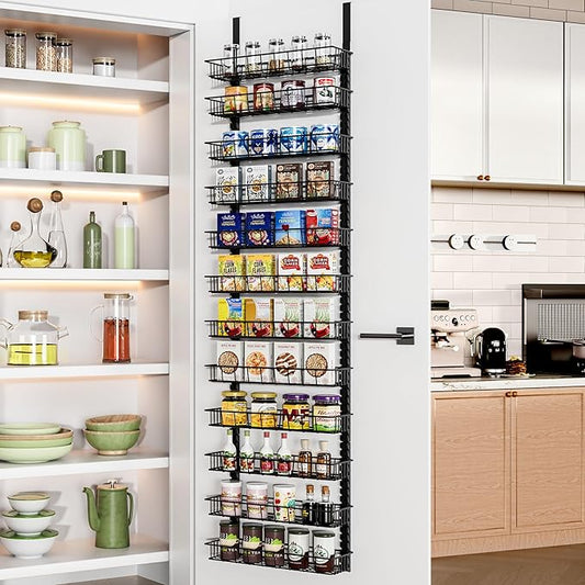 Churboro Over the Door Pantry Organizer Rack with 12 Adjustable Baskets, 12 Tiers Dual-use Spice Rack- Hanging or Wall Mount Spice Rack, Pantry Door Organizer, Black by Churboro