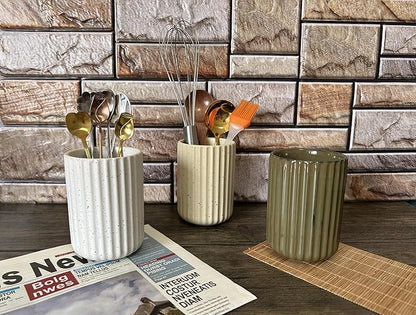 TOPYOKK Stoneware Coffee Bar Utensil Holder Tea & Coffee Spoon & Stirrer Holder for Stir Stick Straw Teaspoon Holder Spoon Cup Small Utensil Jar Fluted Vertical Stripe (Spotted White) - Image 3
