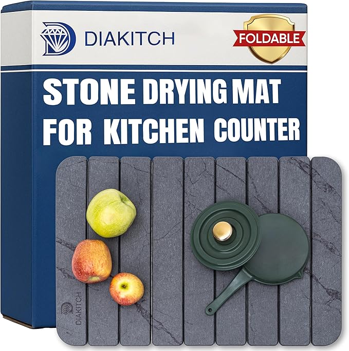 Stone Drying Mat for Kitchen Counter – Super Absorbent Stone Dish Drying Mat, Foldable & Quick Dry, Diatomaceous Earth Mat for Dish & Bottle, Ideal for Kitchen - 23.6" x 15.4", Dark Grey by DIAKITCH