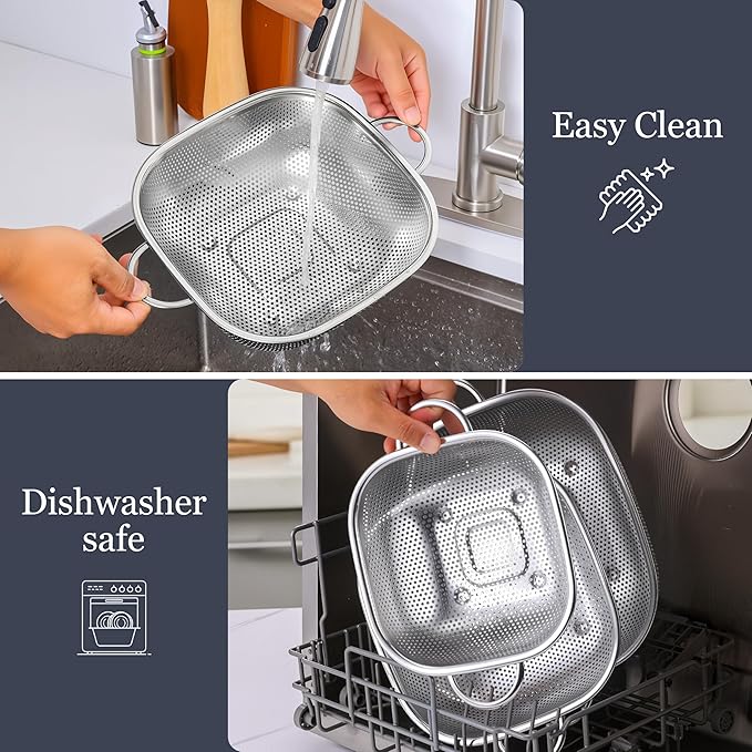 E-far 3 Pack Colander for Kitchen, Square Stainless Steel Metal Strainer Colander with Handle for Draining Food Pasta Vegetable, Micro-Perforated & Elevated Feet, Dishwasher Safe(2.4/4/6QT) - Image 6