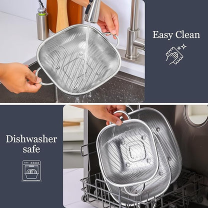 E-far 3 Pack Colander for Kitchen, Square Stainless Steel Metal Strainer Colander with Handle for Draining Food Pasta Vegetable, Micro-Perforated & Elevated Feet, Dishwasher Safe(2.4/4/6QT) - Image 6