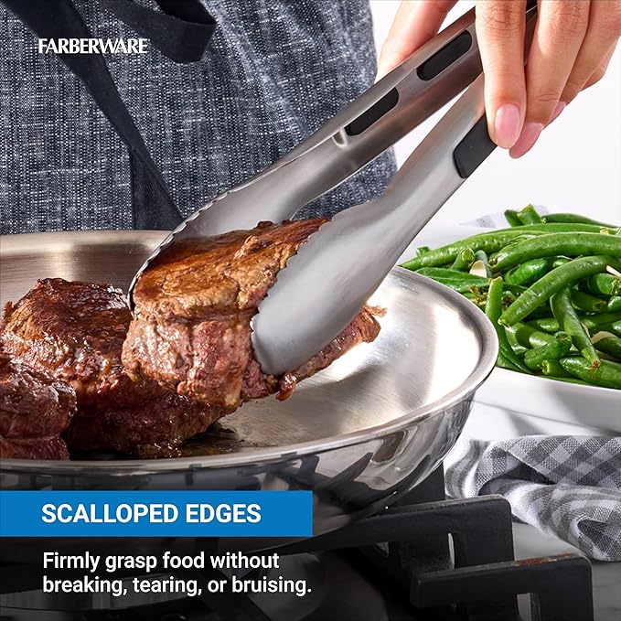 Farberware Stainless Steel Kitchen Tongs 9 Inch Locking Heat Resistant Ergonomic Handle Scalloped Tips Durable Dishwasher Safe Cooking and Serving Tool - Image 3