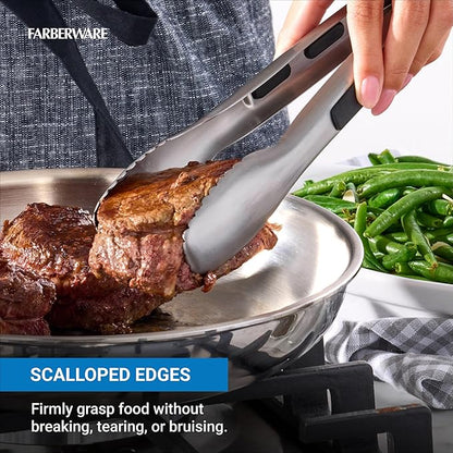 Farberware Stainless Steel Kitchen Tongs 9 Inch Locking Heat Resistant Ergonomic Handle Scalloped Tips Durable Dishwasher Safe Cooking and Serving Tool - Image 3