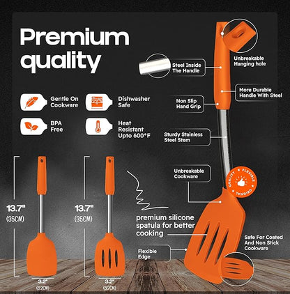 BakeRoyal Silicone Spatula Set - Turner Spatulas Silicone Heat Resistant 600°F - Slotted & Solid Silicone Spatulas for Cooking Fish, Eggs, Pancakes Flipper – Silicone Cooking Utensils Set – Orange - Image 2