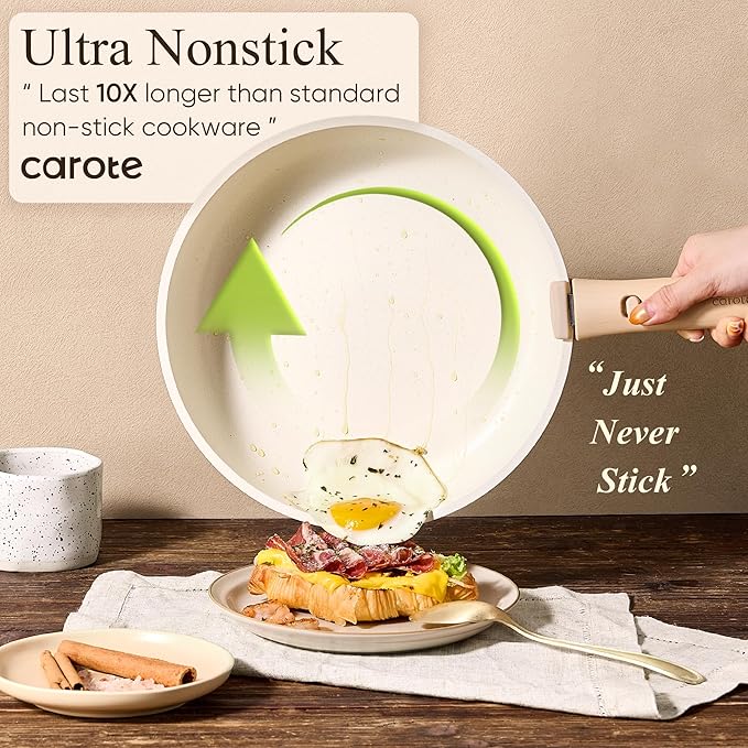CAROTE Pots and Pans Set Non Stick, Cookware Sets, Kitchen Set, Oven/Dishwasher/Fridge Safe, Space Saving Pots Set, Nonstick Set with Versatile Detachable Handle, Induction RV Set, Cream - Image 7