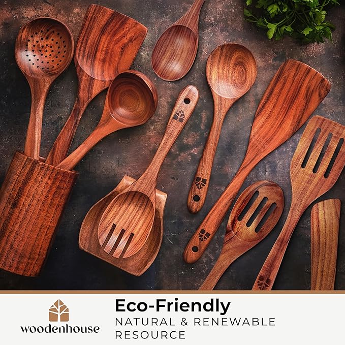 Wooden Spoons for Cooking – Wooden Cooking Utensils Set with Holder, Spoon Rest & Hooks, Teak Wood Nonstick Kitchen Cookware – Durable Set of 12pcs by Woodenhouse - Image 8