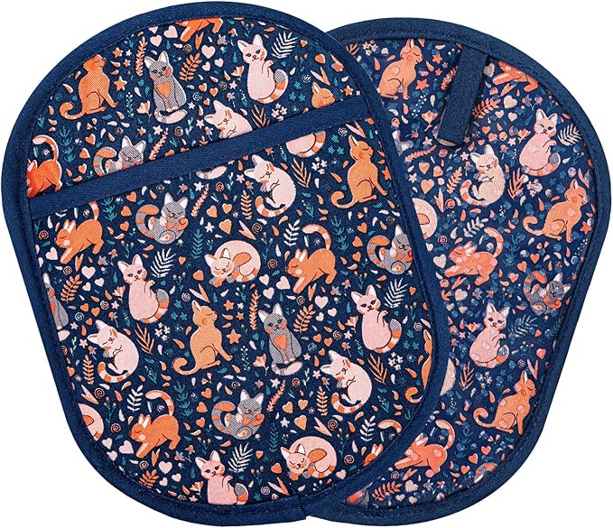 Pot Holders Set of 2 with Transparent Clear Silicone Shell and Nice Cat Flower Cotton Lining, Heat Resistant to 500 F Kitchen Oven Gloves Pot Holder for Cooking (Navy, Cat, Potholders) by REDLMLDETA