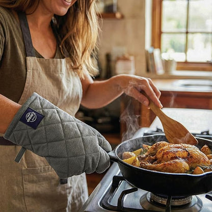 Encasa XO Heat Resistant 100% Cotton Oven Glove & Potholder Set with Loop, Kitchen Cooking Mittens, Microwave Safe Hot Pads (Grey)