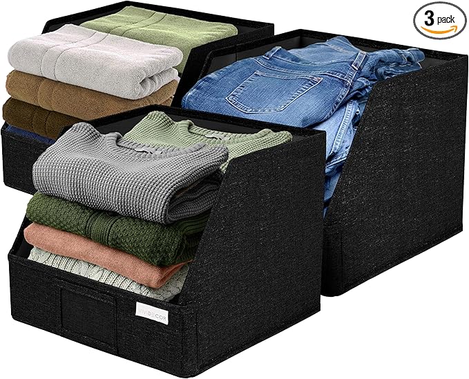 VIVIDECOR Open Front Trapezoid Closet Bins 12x12x10 – Closet Shelf Organizer for Folded Clothes, Easy Access Fabric Storage Baskets – Black, 3 Pack