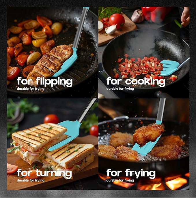 BakeRoyal Silicone Spatula Set - Turner Spatulas Silicone Heat Resistant 600°F - Slotted & Solid Spatula for Cooking Fish, Eggs, Pancakes Flipper – Spatulas for kitchen use – Aqua - Image 3