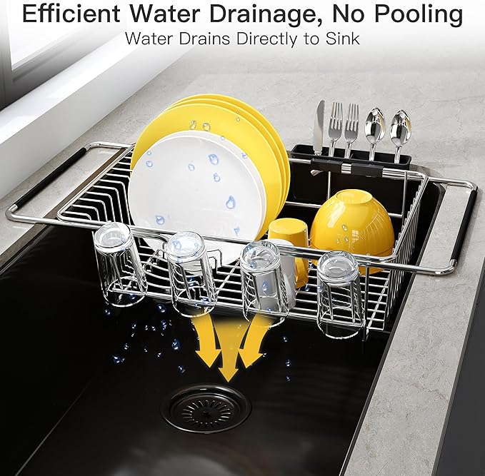 JASIWAY Dish Drying Rack in Sink, Expandable Stainless Steel Dish Drainers with Drainboard for Kitchen Counter, Space Saving Dish Dryer Rack, Over The Sink Dish Racks with Utensil Holder, Sliver - Image 6