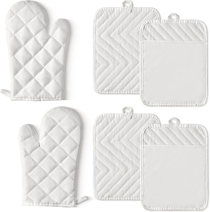 GROBRO7 6Pcs Cotton Oven Mitts and Pot Holders Set Heat Resistant Hot Pads Machine Washable BBQ Gloves with Hanging Loop Durable Pocket Pot Holder for Kitchen Baking Grilling Cooking White by GROBRO7