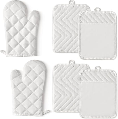 GROBRO7 6Pcs Cotton Oven Mitts and Pot Holders Set Heat Resistant Hot Pads Machine Washable BBQ Gloves with Hanging Loop Durable Pocket Pot Holder for Kitchen Baking Grilling Cooking White by GROBRO7