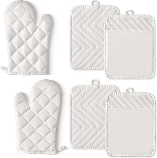 GROBRO7 6Pcs Cotton Oven Mitts and Pot Holders Set Heat Resistant Hot Pads Machine Washable BBQ Gloves with Hanging Loop Durable Pocket Pot Holder for Kitchen Baking Grilling Cooking White by GROBRO7
