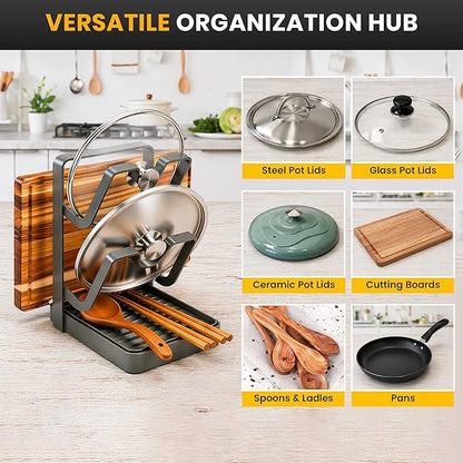 Pot Lid Holder with Removable Drip Tray, Multifunctional Double Layer Pot Lid Organizer for Countertop, Kitchen Pot Lid Storage Rack for Covers, Cutting Boards, Utensils (Grey) - Image 4