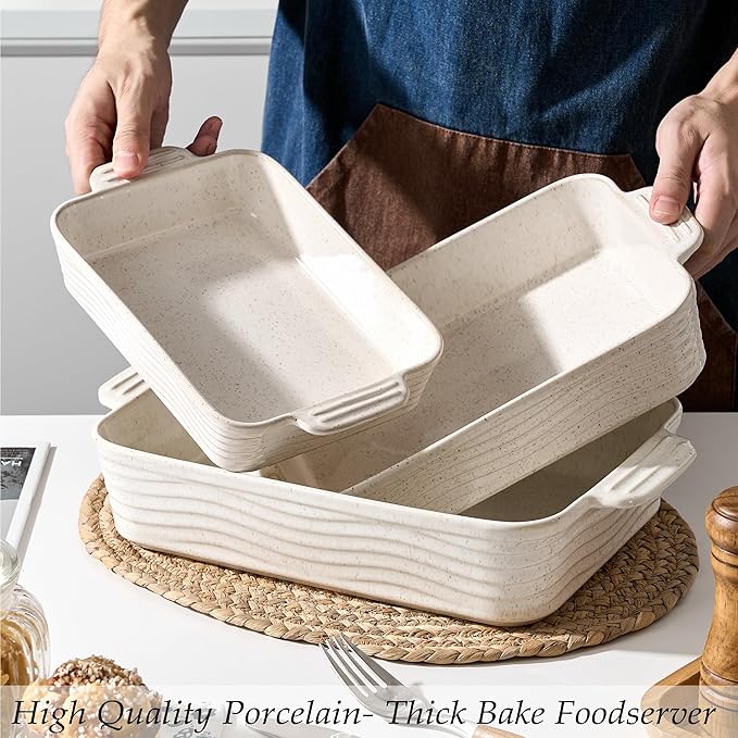 Ceramic Baking Dish Set of 3, Casserole Dishes for Oven, Square Porcelain Bakeware Set with Handles, Lasagna Baking Pan for Cooking, Perfect for Baking and Serving, Housewarming, Halloween, Thanksgiving, Christmas, New Year-Reactive White - Image 6