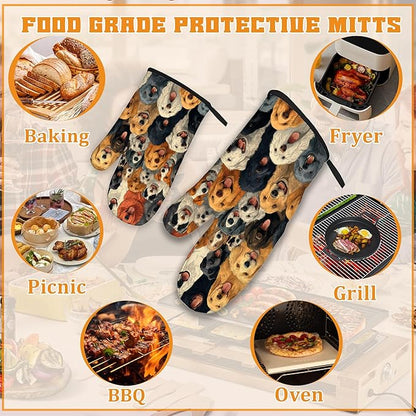 Funny Cute Dog Oven Mitts and Pot Holders Set,Kitchen Decor Heat Resistant Non Slip Hot Pads and Oven Mitt for Chef Cooking Baking BBQ Mom Girl Gifts(4 Piece Set)