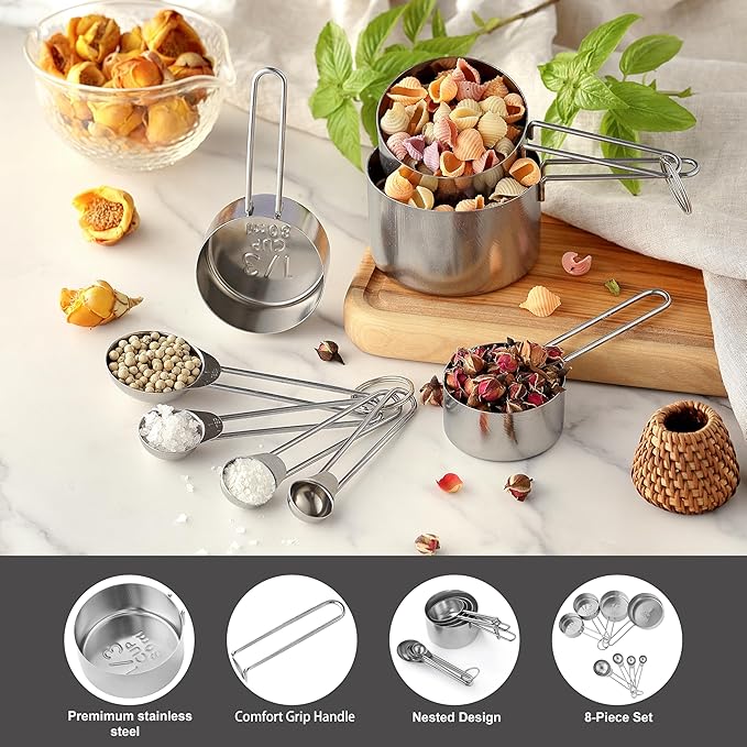 8PCS Measuring Cups, OHOLA Stainless Steel Measuring Cups and Spoons Set, Great for Cooking and Baking - Image 3