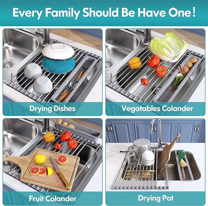 JASIWAY Roll Up Dish Drying Rack, Expandable (12.8"-23.8" D x 12.8" W) Stainless Steel Portable Drainer for Kitchen Sink Counter, Foldable Over The Sink Cover with Removable Utensil Holder - Image 4