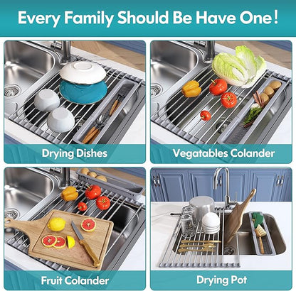 JASIWAY Roll Up Dish Drying Rack, Expandable (12.8"-23.8" D x 12.8" W) Stainless Steel Portable Drainer for Kitchen Sink Counter, Foldable Over The Sink Cover with Removable Utensil Holder - Image 4