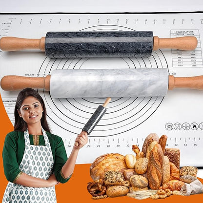 18.5 inches Marble Rolling Pin,Large Non-Stick Dough Roller,for making pizza, cookies,pie crusts, and pasta.with Silicone Pastry Mat,Stainless Steel Scraper,and Small Wooden Roller Pin(Black)