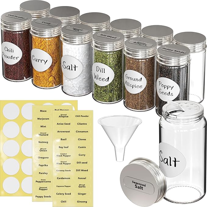 Simple Houseware 12-Pack 3 oz Glass Spice Jars, Round Bottles with Shaker Lids, Funnel and Labels for Seasoning & Storage by SimpleHouseware