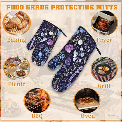 Wildflowers Oven Mitts and Pot Holders,Vintage Garden Herb Flower Heat Resistant Oven Mitts Gloves and Pot Holder for Home Kitchen Decorations Cooking Baking BBQ Gifts,Set of 4