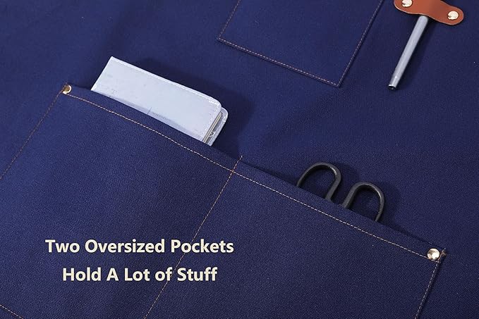 AFUN Chef Aprons for Women Men with Oversized Pockets, 12-Ounce Cotton Canvas Cross Back Water Repellent Apron (Dark Blue) - Image 9