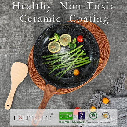 ESLITE LIFE Nonstick Ceramic Frying Pan Skillet with Lid, Non-Toxic Egg Omelette Kitchen Cooking Pans Compatible with All Stovetops (Gas, Electric & Induction), PTFE & PFOA Free (Black, 11" w/Lid) - Image 3