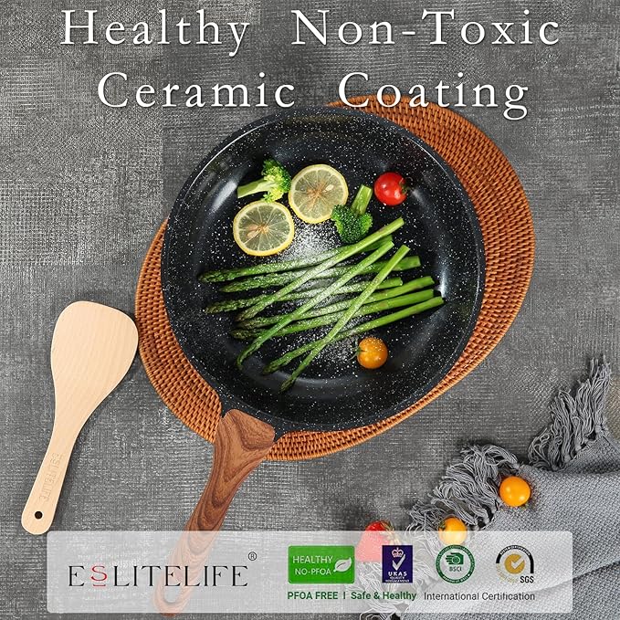 ESLITE LIFE Nonstick Ceramic Frying Pan Skillet, Non-Toxic Egg Omelette Kitchen Cooking Pans Compatible with All Stovetops (Gas, Electric & Induction), PTFE & PFOA Free (Black, 9.5'') - Image 3