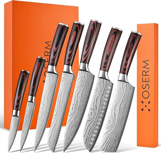 Gift-Ready Knife Set, Japanese Style 8-Piece (7+1) Kitchen Knife Set for Weddings & Premium Gifting, Orange Beautiful Gift Box, High Carbon Steel Knives Sets Includes An Additional 8" Chef Knife