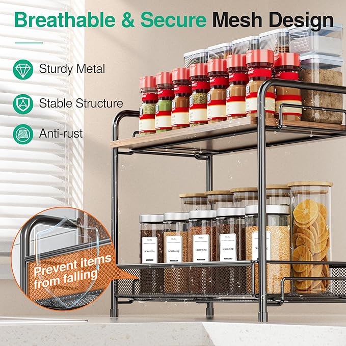 2 Pack Spice Rack Organizer for Countertop with Wood Top, 2-Tier Foldable Metal Rust-Proof Standing Large Seasoning Storage Shelf with Guardrail & Mesh Design for Kitchen Living Room, Black - Image 5