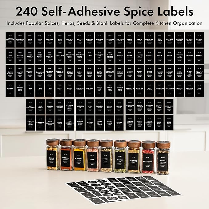 EDELHAUS® Square Spice Jars with Acacia Wooden Lid (Pack of 24) Spice Jars with Shaker Insert and 240 Labels - Acacia Lids Glass Container for Spice Organisation [4.3 in × 1.8 in] - Image 7