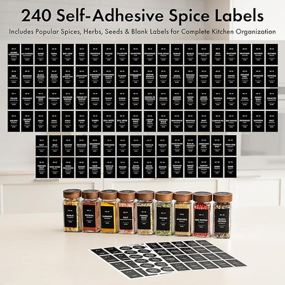 EDELHAUS® Square Spice Jars with Acacia Wooden Lid (Pack of 24) Spice Jars with Shaker Insert and 240 Labels - Acacia Lids Glass Container for Spice Organisation [4.3 in × 1.8 in] - Image 7