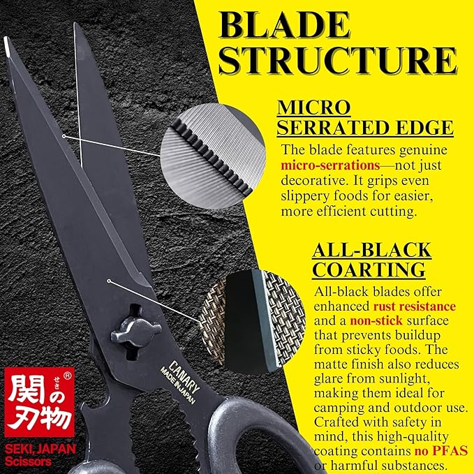 CANARY Japanese Kitchen Scissors All Purpose Heavy Duty 8.2" Matte Black, Made in JAPAN, Dishwasher Safe Come Apart Blade, Multipurpose Kitchen Shears, Sharp Serrated Japanese Stainless Steel Blade - Image 4