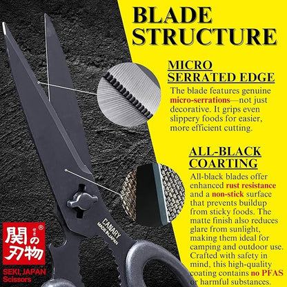 CANARY Japanese Kitchen Scissors All Purpose Heavy Duty 8.2" Matte Black, Made in JAPAN, Dishwasher Safe Come Apart Blade, Multipurpose Kitchen Shears, Sharp Serrated Japanese Stainless Steel Blade - Image 4