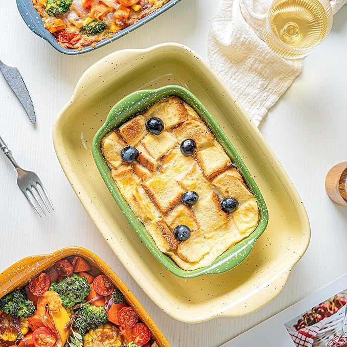 Casserole Dish Set of 3,Lasagna Pan,Ceramic Bakeware for Oven,Rectangular Baking Dishes with Handles,High Heat Resistant,Colorful Speckle Stoneware Series (13.8''/12''/9.6''Yellow) - Image 8