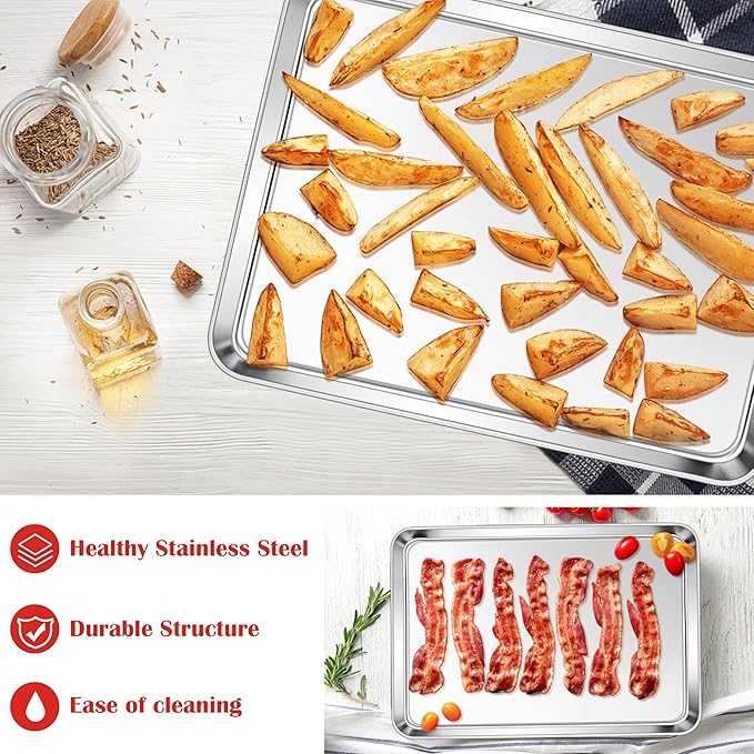 E-far Cookie Sheets Set of 4, 18”x13” Stainless Steel Baking Sheet Pans for Oven, Large Non Toxic Metal Baking Tray for Baking Roasting, Healthy & Rust Free, Mirror Finish & Dishwasher Safe - Image 6