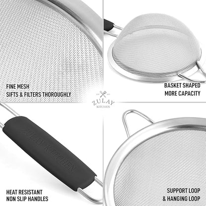 Zulay Kitchen Premium Stainless Steel Fine Mesh Strainer Set - Strainers For Kitchen (Set of 3) With Non-Slip Handles - Includes A Small, Medium & Large Fine Mesh Sieve Set - Durable Metal Strainer