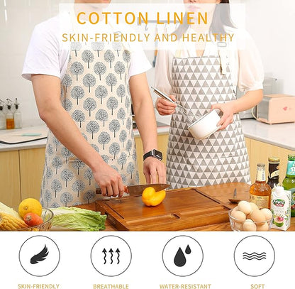 Tosewever 2 Pieces Cotton Linen Waterproof Bib Apron with 2 Pockets - Long Ties Adjustable Neck Strap - Unisex Cooking Kitchen Decorative Pattern Aprons for Women Chef (Triangle/Tree, 2)