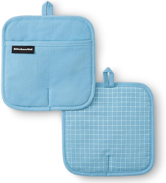 KITCHENAID Gourmet Series Gridlines Pot Holders 2-Pack Set, Heat Resistant up to 600°F, Soft Silicone Grip, Magnetic Cuff, Blue Velvet, 8"x8" by KitchenAid