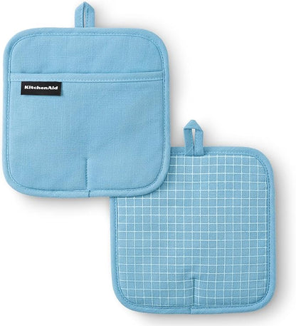 KITCHENAID Gourmet Series Gridlines Pot Holders 2-Pack Set, Heat Resistant up to 600°F, Soft Silicone Grip, Magnetic Cuff, Blue Velvet, 8"x8" by KitchenAid