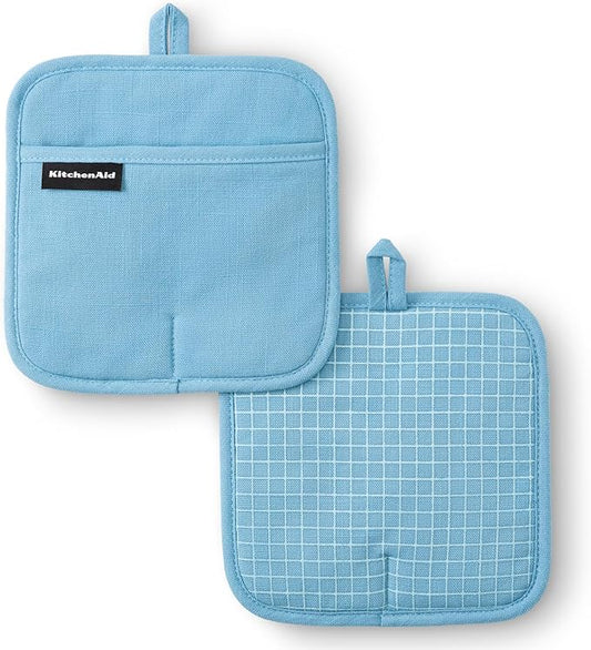 KITCHENAID Gourmet Series Gridlines Pot Holders 2-Pack Set, Heat Resistant up to 600°F, Soft Silicone Grip, Magnetic Cuff, Blue Velvet, 8"x8" by KitchenAid