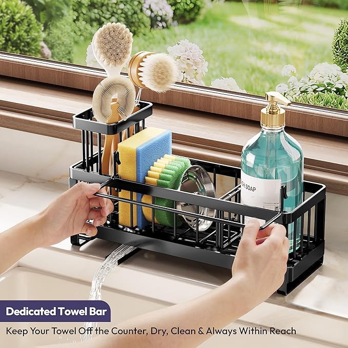 SWTYMIKI Sponge Holder for Kitchen Sink - Sink Caddy with Brush Holder Self-draining Sponge Caddy Organizer with Divider Stainless Steel Kitchen Accessories Storage for Countertop, Black - Image 5