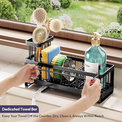 SWTYMIKI Sponge Holder for Kitchen Sink - Sink Caddy with Brush Holder Self-draining Sponge Caddy Organizer with Divider Stainless Steel Kitchen Accessories Storage for Countertop, Black - Image 5