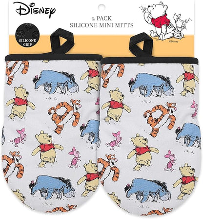 Disney Oven Mitts 2-Pack - 5.5” x 7.5” Heat-Resistant Mini Oven Mitts with Non-Slip Printed Silicone Disney Silhouettes - Pot Holders for Kitchen - Mickey & Minnie, Stitch, Winnie the Pooh