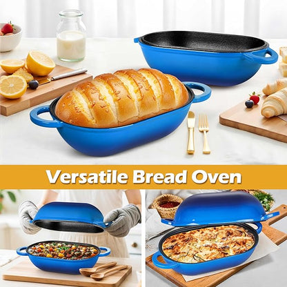 Homikit Enameled Cast Iron Dutch Oven for Bread Baking, 2.8 QT Oval Bread Oven Pot with Lid, 9.5 x 5.7 Inch Sourdough Loaf Baking Pan for Homemade Bread, Heavy Duty & Oven Safe, Blue