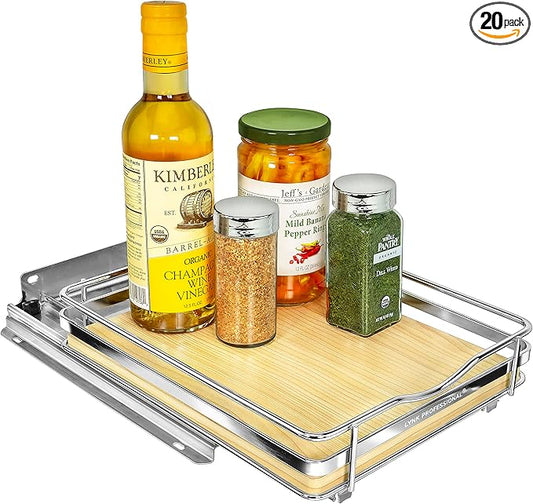 LYNK PROFESSIONAL® Élite™ Pull Out Spice Organization for Cabinets - 8-3/8 inch Wide – Spice Rack for Inside Cabinets – Wood/Chrome - Sliding Spice Rack Organizer for cabinet – Spice Rack - 1 Tier by LYNKPROFESSIONAL